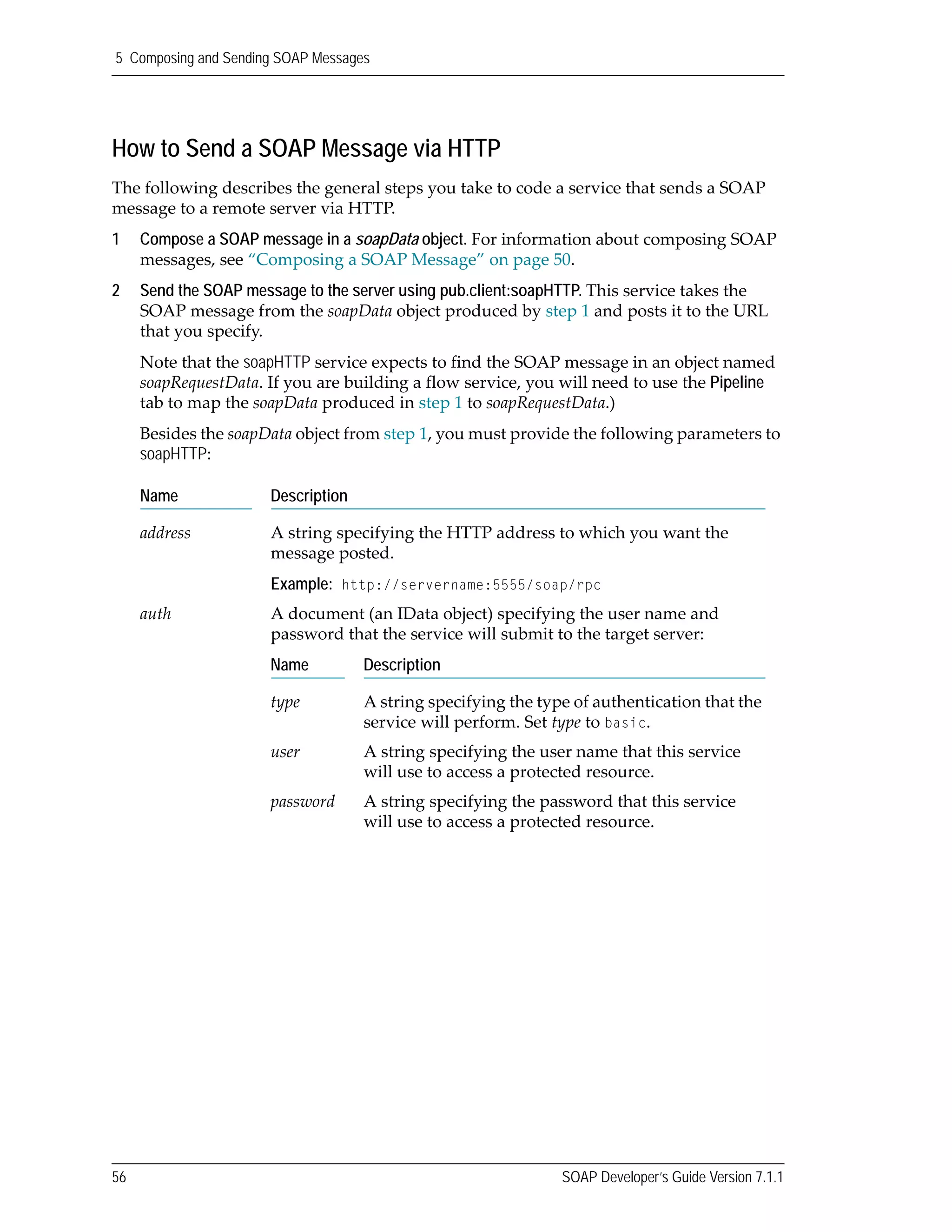 5 Composing and Sending SOAP Messages
56 SOAP Developer’s Guide Version 7.1.1
How to Send a SOAP Message via HTTP
The following describes the general steps you take to code a service that sends a SOAP 
message to a remote server via HTTP.
1 Compose a SOAP message in a soapData object. For information about composing SOAP 
messages, see “Composing a SOAP Message” on page 50.
2 Send the SOAP message to the server using pub.client:soapHTTP. This service takes the 
SOAP message from the soapData object produced by step 1 and posts it to the URL 
that you specify. 
Note that the soapHTTP service expects to find the SOAP message in an object named 
soapRequestData. If you are building a flow service, you will need to use the Pipeline 
tab to map the soapData produced in step 1 to soapRequestData.)
Besides the soapData object from step 1, you must provide the following parameters to 
soapHTTP:
Name Description
address A string specifying the HTTP address to which you want the 
message posted.
Example: http://servername:5555/soap/rpc
auth A document (an IData object) specifying the user name and 
password that the service will submit to the target server:
Name Description
type A string specifying the type of authentication that the 
service will perform. Set type to basic.
user A string specifying the user name that this service 
will use to access a protected resource.
password A string specifying the password that this service 
will use to access a protected resource.
 