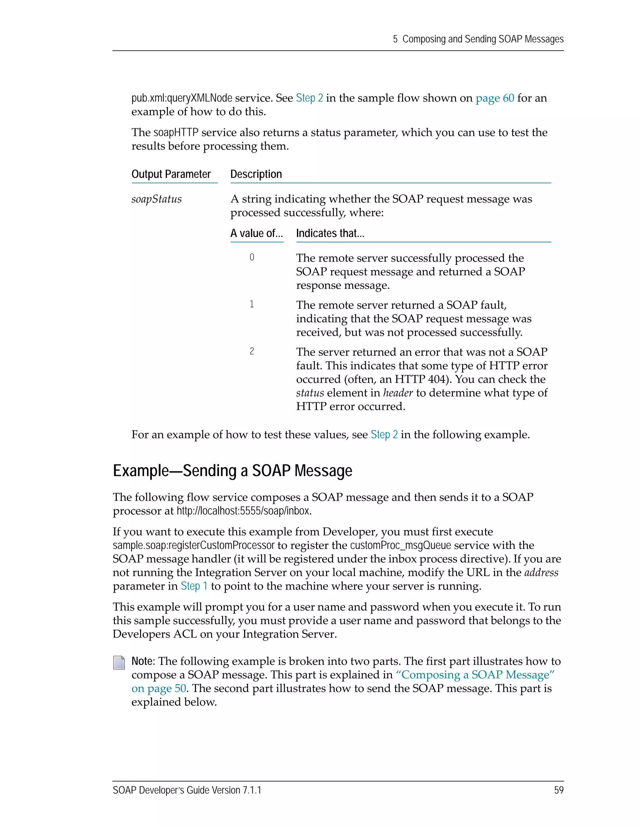 SOAP Developer’s Guide Version 7.1.1 59
5 Composing and Sending SOAP Messages
pub.xml:queryXMLNode service. See Step 2 in the sample flow shown on page 60 for an 
example of how to do this.
The soapHTTP service also returns a status parameter, which you can use to test the 
results before processing them.
For an example of how to test these values, see Step 2 in the following example.
Example—Sending a SOAP Message
The following flow service composes a SOAP message and then sends it to a SOAP 
processor at http://localhost:5555/soap/inbox. 
If you want to execute this example from Developer, you must first execute 
sample.soap:registerCustomProcessor to register the customProc_msgQueue service with the 
SOAP message handler (it will be registered under the inbox process directive). If you are 
not running the Integration Server on your local machine, modify the URL in the address 
parameter in Step 1 to point to the machine where your server is running.
This example will prompt you for a user name and password when you execute it. To run 
this sample successfully, you must provide a user name and password that belongs to the 
Developers ACL on your Integration Server.
Output Parameter Description
soapStatus A string indicating whether the SOAP request message was 
processed successfully, where:
A value of... Indicates that...
0 The remote server successfully processed the 
SOAP request message and returned a SOAP 
response message.
1 The remote server returned a SOAP fault, 
indicating that the SOAP request message was 
received, but was not processed successfully.
2 The server returned an error that was not a SOAP 
fault. This indicates that some type of HTTP error 
occurred (often, an HTTP 404). You can check the 
status element in header to determine what type of 
HTTP error occurred.
Note: The following example is broken into two parts. The first part illustrates how to 
compose a SOAP message. This part is explained in “Composing a SOAP Message” 
on page 50. The second part illustrates how to send the SOAP message. This part is 
explained below.
 