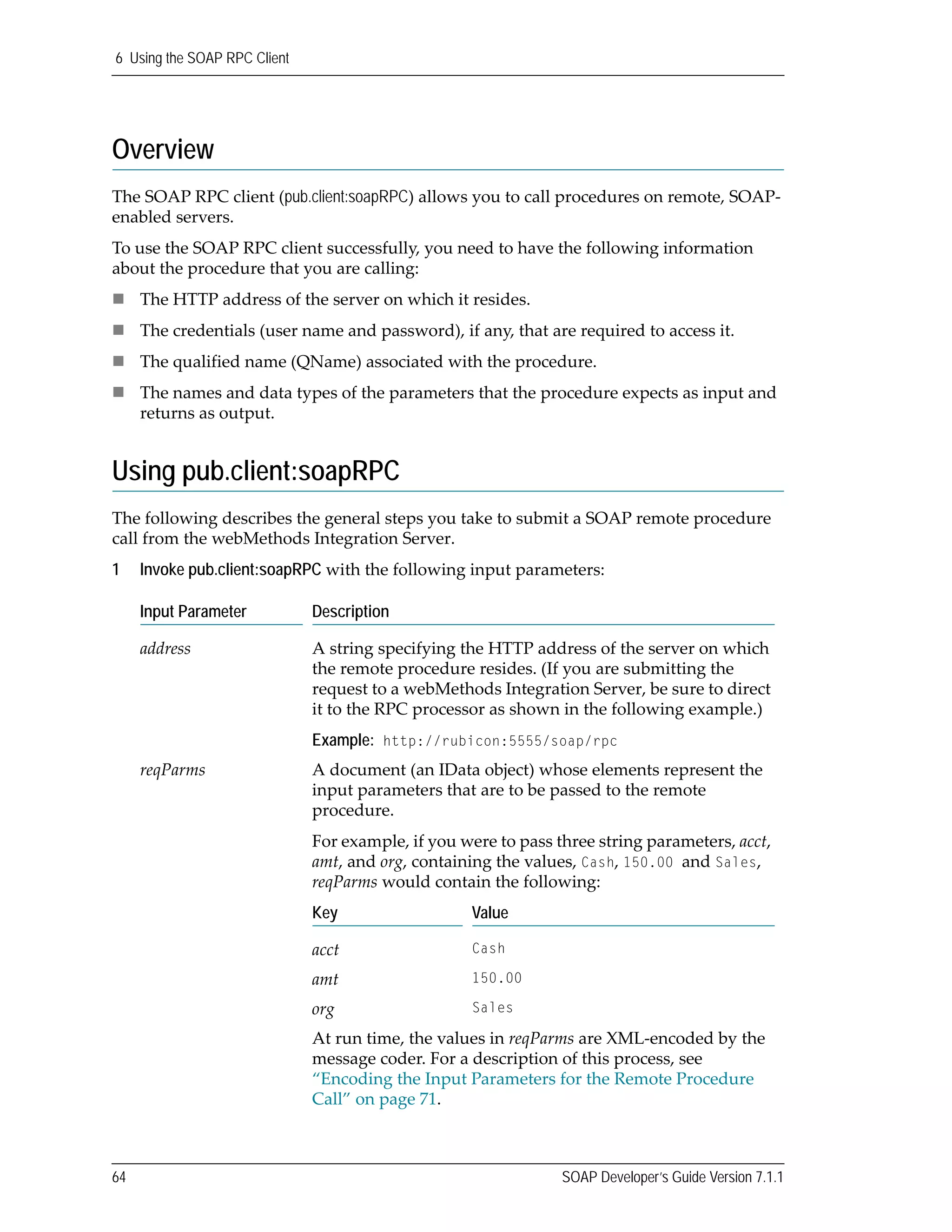 6 Using the SOAP RPC Client
64 SOAP Developer’s Guide Version 7.1.1
Overview
The SOAP RPC client (pub.client:soapRPC) allows you to call procedures on remote, SOAP‐
enabled servers.
To use the SOAP RPC client successfully, you need to have the following information 
about the procedure that you are calling:
The HTTP address of the server on which it resides.
The credentials (user name and password), if any, that are required to access it.
The qualified name (QName) associated with the procedure.
The names and data types of the parameters that the procedure expects as input and 
returns as output.
Using pub.client:soapRPC
The following describes the general steps you take to submit a SOAP remote procedure 
call from the webMethods Integration Server.
1 Invoke pub.client:soapRPC with the following input parameters:
Input Parameter Description
address A string specifying the HTTP address of the server on which 
the remote procedure resides. (If you are submitting the 
request to a webMethods Integration Server, be sure to direct 
it to the RPC processor as shown in the following example.)
Example: http://rubicon:5555/soap/rpc
reqParms A document (an IData object) whose elements represent the 
input parameters that are to be passed to the remote 
procedure. 
For example, if you were to pass three string parameters, acct, 
amt, and org, containing the values, Cash, 150.00 and Sales, 
reqParms would contain the following:
Key Value
acct Cash
amt 150.00
org Sales
At run time, the values in reqParms are XML‐encoded by the 
message coder. For a description of this process, see 
“Encoding the Input Parameters for the Remote Procedure 
Call” on page 71.
 