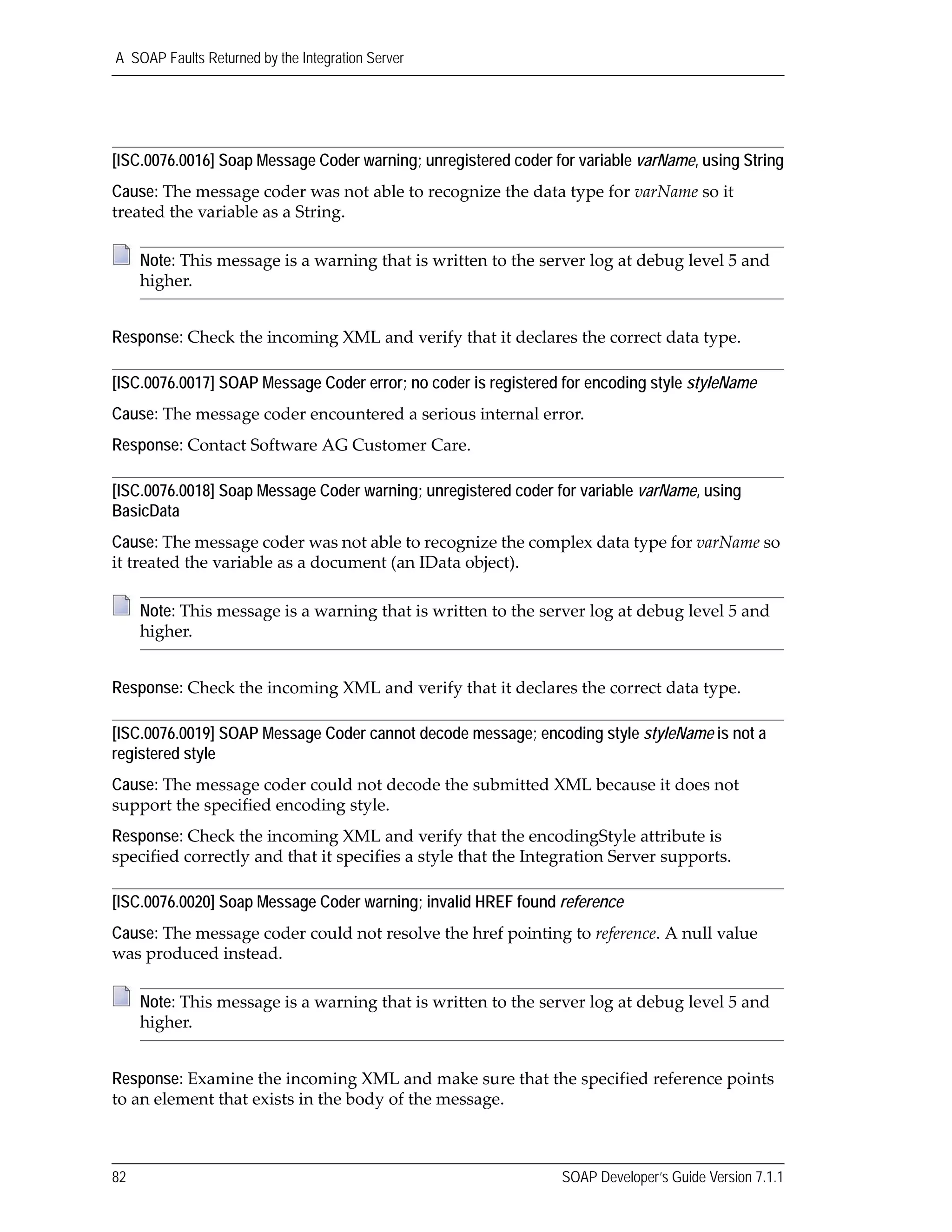 A SOAP Faults Returned by the Integration Server
82 SOAP Developer’s Guide Version 7.1.1
[ISC.0076.0016] Soap Message Coder warning; unregistered coder for variable varName, using String
Cause: The message coder was not able to recognize the data type for varName so it 
treated the variable as a String.
Response: Check the incoming XML and verify that it declares the correct data type.
[ISC.0076.0017] SOAP Message Coder error; no coder is registered for encoding style styleName
Cause: The message coder encountered a serious internal error.
Response: Contact Software AG Customer Care.
[ISC.0076.0018] Soap Message Coder warning; unregistered coder for variable varName, using
BasicData
Cause: The message coder was not able to recognize the complex data type for varName so 
it treated the variable as a document (an IData object).
Response: Check the incoming XML and verify that it declares the correct data type.
[ISC.0076.0019] SOAP Message Coder cannot decode message; encoding style styleName is not a
registered style
Cause: The message coder could not decode the submitted XML because it does not 
support the specified encoding style.
Response: Check the incoming XML and verify that the encodingStyle attribute is 
specified correctly and that it specifies a style that the Integration Server supports.
[ISC.0076.0020] Soap Message Coder warning; invalid HREF found reference
Cause: The message coder could not resolve the href pointing to reference. A null value 
was produced instead.
Response: Examine the incoming XML and make sure that the specified reference points 
to an element that exists in the body of the message.
Note: This message is a warning that is written to the server log at debug level 5 and 
higher.
Note: This message is a warning that is written to the server log at debug level 5 and 
higher.
Note: This message is a warning that is written to the server log at debug level 5 and 
higher.
 