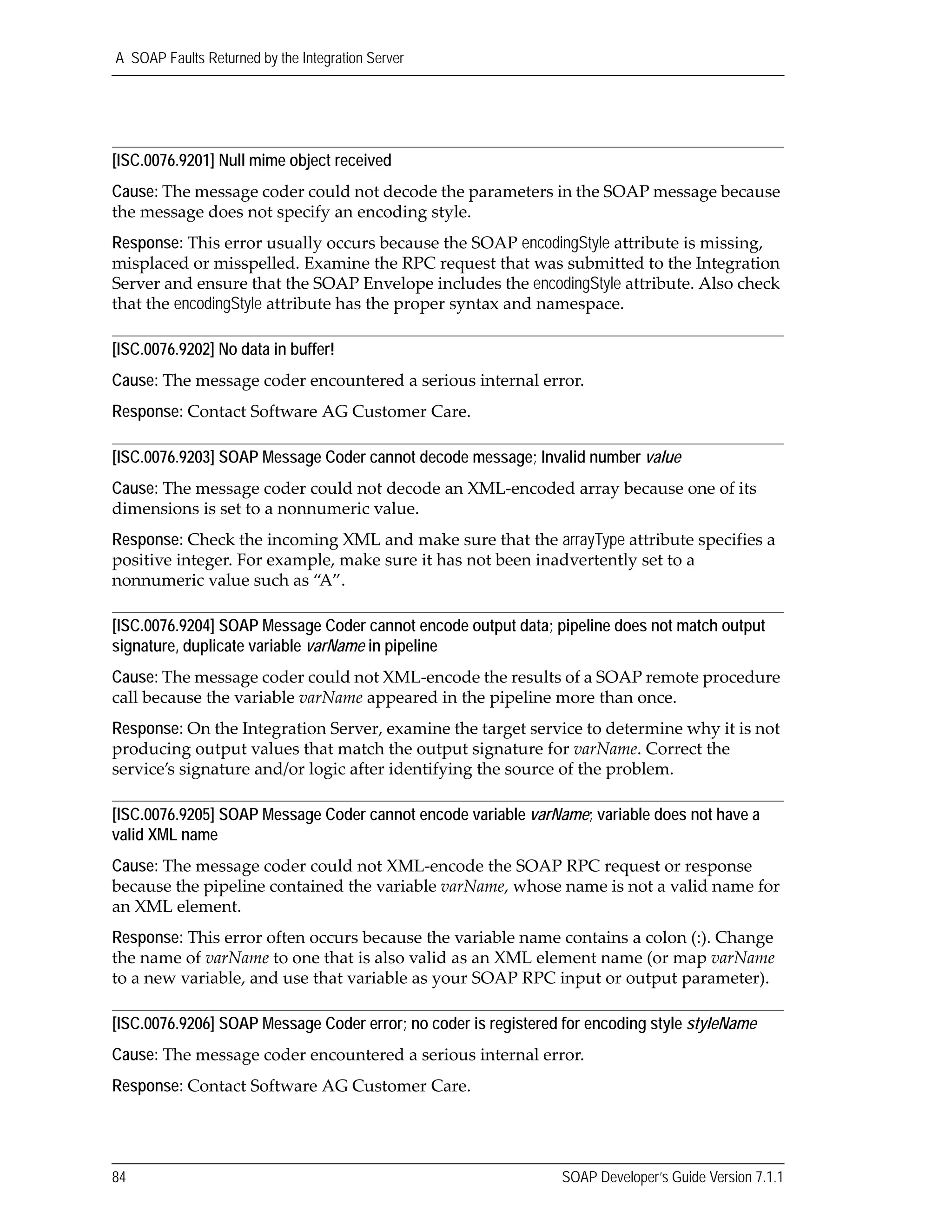 A SOAP Faults Returned by the Integration Server
84 SOAP Developer’s Guide Version 7.1.1
[ISC.0076.9201] Null mime object received
Cause: The message coder could not decode the parameters in the SOAP message because 
the message does not specify an encoding style.
Response: This error usually occurs because the SOAP encodingStyle attribute is missing, 
misplaced or misspelled. Examine the RPC request that was submitted to the Integration 
Server and ensure that the SOAP Envelope includes the encodingStyle attribute. Also check 
that the encodingStyle attribute has the proper syntax and namespace.
[ISC.0076.9202] No data in buffer!
Cause: The message coder encountered a serious internal error.
Response: Contact Software AG Customer Care.
[ISC.0076.9203] SOAP Message Coder cannot decode message; Invalid number value
Cause: The message coder could not decode an XML‐encoded array because one of its 
dimensions is set to a nonnumeric value.
Response: Check the incoming XML and make sure that the arrayType attribute specifies a 
positive integer. For example, make sure it has not been inadvertently set to a 
nonnumeric value such as “A”.
[ISC.0076.9204] SOAP Message Coder cannot encode output data; pipeline does not match output
signature, duplicate variable varName in pipeline
Cause: The message coder could not XML‐encode the results of a SOAP remote procedure 
call because the variable varName appeared in the pipeline more than once.
Response: On the Integration Server, examine the target service to determine why it is not 
producing output values that match the output signature for varName. Correct the 
service’s signature and/or logic after identifying the source of the problem.
[ISC.0076.9205] SOAP Message Coder cannot encode variable varName; variable does not have a
valid XML name
Cause: The message coder could not XML‐encode the SOAP RPC request or response 
because the pipeline contained the variable varName, whose name is not a valid name for 
an XML element.
Response: This error often occurs because the variable name contains a colon (:). Change 
the name of varName to one that is also valid as an XML element name (or map varName 
to a new variable, and use that variable as your SOAP RPC input or output parameter).
[ISC.0076.9206] SOAP Message Coder error; no coder is registered for encoding style styleName
Cause: The message coder encountered a serious internal error.
Response: Contact Software AG Customer Care.
 