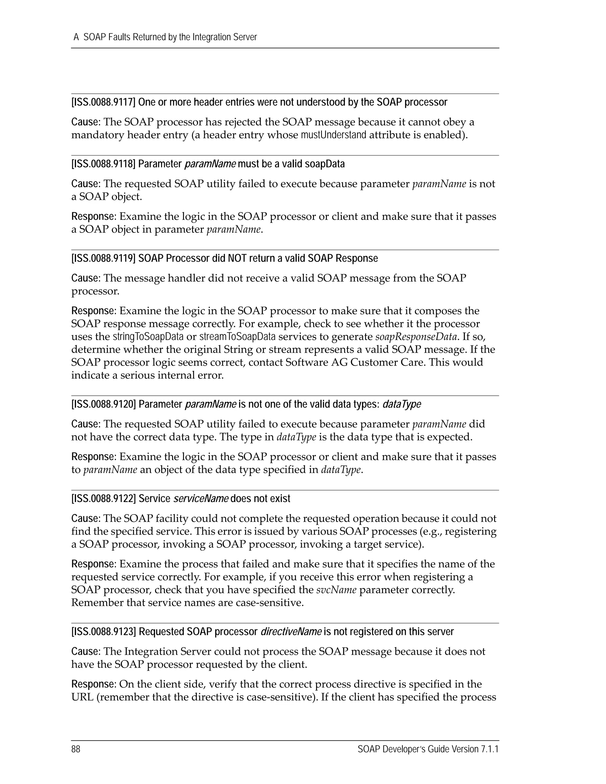 A SOAP Faults Returned by the Integration Server
88 SOAP Developer’s Guide Version 7.1.1
[ISS.0088.9117] One or more header entries were not understood by the SOAP processor
Cause: The SOAP processor has rejected the SOAP message because it cannot obey a 
mandatory header entry (a header entry whose mustUnderstand attribute is enabled).
[ISS.0088.9118] Parameter paramName must be a valid soapData
Cause: The requested SOAP utility failed to execute because parameter paramName is not 
a SOAP object.
Response: Examine the logic in the SOAP processor or client and make sure that it passes 
a SOAP object in parameter paramName.
[ISS.0088.9119] SOAP Processor did NOT return a valid SOAP Response
Cause: The message handler did not receive a valid SOAP message from the SOAP 
processor.
Response: Examine the logic in the SOAP processor to make sure that it composes the 
SOAP response message correctly. For example, check to see whether it the processor 
uses the stringToSoapData or streamToSoapData services to generate soapResponseData. If so, 
determine whether the original String or stream represents a valid SOAP message. If the 
SOAP processor logic seems correct, contact Software AG Customer Care. This would 
indicate a serious internal error.
[ISS.0088.9120] Parameter paramName is not one of the valid data types: dataType
Cause: The requested SOAP utility failed to execute because parameter paramName did 
not have the correct data type. The type in dataType is the data type that is expected.
Response: Examine the logic in the SOAP processor or client and make sure that it passes 
to paramName an object of the data type specified in dataType.
[ISS.0088.9122] Service serviceName does not exist
Cause: The SOAP facility could not complete the requested operation because it could not 
find the specified service. This error is issued by various SOAP processes (e.g., registering 
a SOAP processor, invoking a SOAP processor, invoking a target service).
Response: Examine the process that failed and make sure that it specifies the name of the 
requested service correctly. For example, if you receive this error when registering a 
SOAP processor, check that you have specified the svcName parameter correctly. 
Remember that service names are case‐sensitive.
[ISS.0088.9123] Requested SOAP processor directiveName is not registered on this server
Cause: The Integration Server could not process the SOAP message because it does not 
have the SOAP processor requested by the client.
Response: On the client side, verify that the correct process directive is specified in the 
URL (remember that the directive is case‐sensitive). If the client has specified the process 
 