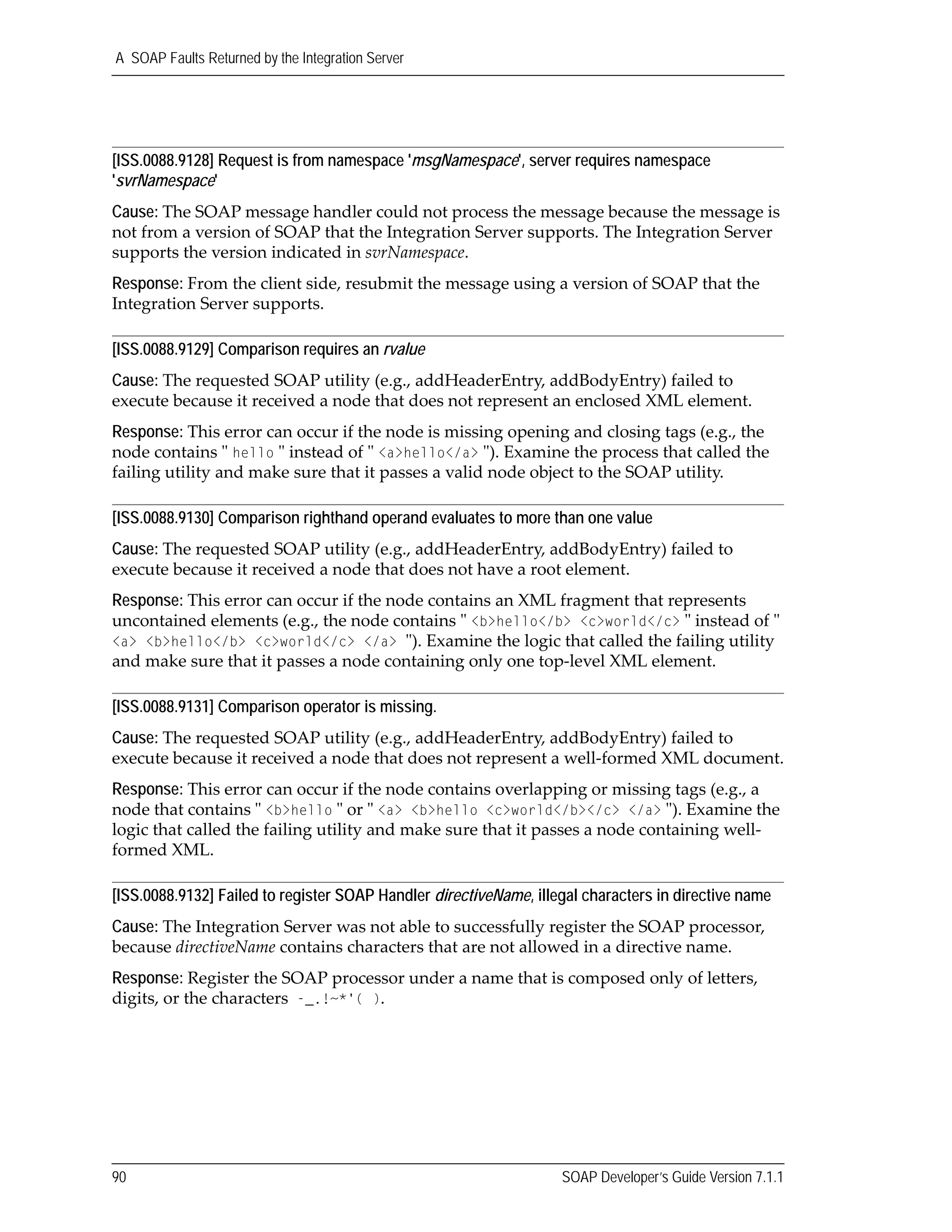 A SOAP Faults Returned by the Integration Server
90 SOAP Developer’s Guide Version 7.1.1
[ISS.0088.9128] Request is from namespace 'msgNamespace', server requires namespace
'svrNamespace'
Cause: The SOAP message handler could not process the message because the message is 
not from a version of SOAP that the Integration Server supports. The Integration Server 
supports the version indicated in svrNamespace. 
Response: From the client side, resubmit the message using a version of SOAP that the 
Integration Server supports. 
[ISS.0088.9129] Comparison requires an rvalue
Cause: The requested SOAP utility (e.g., addHeaderEntry, addBodyEntry) failed to 
execute because it received a node that does not represent an enclosed XML element.
Response: This error can occur if the node is missing opening and closing tags (e.g., the 
node contains ʺ hello ʺ instead of ʺ <a>hello</a> ʺ). Examine the process that called the 
failing utility and make sure that it passes a valid node object to the SOAP utility.
[ISS.0088.9130] Comparison righthand operand evaluates to more than one value
Cause: The requested SOAP utility (e.g., addHeaderEntry, addBodyEntry) failed to 
execute because it received a node that does not have a root element.
Response: This error can occur if the node contains an XML fragment that represents 
uncontained elements (e.g., the node contains ʺ <b>hello</b> <c>world</c> ʺ instead of ʺ 
<a> <b>hello</b> <c>world</c> </a> ʺ). Examine the logic that called the failing utility 
and make sure that it passes a node containing only one top‐level XML element.
[ISS.0088.9131] Comparison operator is missing.
Cause: The requested SOAP utility (e.g., addHeaderEntry, addBodyEntry) failed to 
execute because it received a node that does not represent a well‐formed XML document.
Response: This error can occur if the node contains overlapping or missing tags (e.g., a 
node that contains ʺ <b>hello ʺ or ʺ <a> <b>hello <c>world</b></c> </a> ʺ). Examine the 
logic that called the failing utility and make sure that it passes a node containing well‐
formed XML.
[ISS.0088.9132] Failed to register SOAP Handler directiveName, illegal characters in directive name
Cause: The Integration Server was not able to successfully register the SOAP processor, 
because directiveName contains characters that are not allowed in a directive name.
Response: Register the SOAP processor under a name that is composed only of letters, 
digits, or the characters -_.!~*'( ).
 