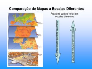 Comparação de Mapas a Escalas DiferentesÁreas da Europa vistas em escalas diferentesAumenta a escala, aumenta o pormenorDiminui a escala, diminui o pormenor