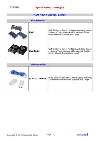 Spare Parts Catalogue
SystemPLUS_EVOLUTION_Spares_ENG_6.0.docx page 23
KVM AND VIDEO EXTENDER
KVM Extender
KVM
KVM System to Extend Keyboard, Video and Mouse.
Includes a Transmitter and a Receiver with Single
Monitor Output. Specify Cable Length
KVM DUAL
KVM System to Extend Keyboard, Video and Mouse.
Includes a Transmitter and a Receiver with Double
Monitor Output. Specify Cable Length
Video Extender
HDMI EXTENDER
HDMI Extender for FullHD Camera Signal. Includes a
Transmitter and a Receiver. Specify Cable Length
 