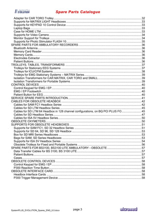 Spare Parts Catalogue
SystemPLUS_EVOLUTION_Spares_ENG_6.0.docx page 3
Adapter for CAR TORO Trolley ...........................................................................................................32
Supports for MATRIX LIGHT Headboxes............................................................................................33
Supports for KEYPAD 10 Control Device ............................................................................................33
Laptop Bags........................................................................................................................................33
Case for HOME LTM...........................................................................................................................33
Supports for Video Camera.................................................................................................................34
Monitor Support for Trolleys ................................................................................................................34
Supports for Photic Stimulator FLASH 10............................................................................................35
SPARE PARTS FOR AMBULATORY RECORDERS .............................................................................36
Bluetooth Antenna...............................................................................................................................36
Memory Card Reader..........................................................................................................................36
Memory Cards.....................................................................................................................................36
Electrodes Extractor............................................................................................................................36
Patient Buttons....................................................................................................................................36
TROLLEYS, TABLES, TRANSFORMERS .............................................................................................37
Trolleys for Stationary EEG Systems ..................................................................................................37
Trolleys for ICU/CFM Systems ............................................................................................................38
Trolleys for EMG Stationary Systems – MATRIX Series......................................................................39
Isolation Transformers for CAR MATRIX, CAR TORO and SMALL.....................................................39
Isolation Transformers for Portable Systems.......................................................................................39
CONTROL DEVICES .............................................................................................................................40
Control Keypad for EMG / EP..............................................................................................................40
EMG / EP Footswitch ..........................................................................................................................40
Patient Button for EEG........................................................................................................................40
SERVICE SPARE PARTS INTRODUCTION..........................................................................................41
CABLES FOR OBSOLETE HEADBOX ..................................................................................................42
Cables for SAM FC1 Headbox Series .................................................................................................42
Cables for SD LTM Headbox Series....................................................................................................45
Cables for SD LTM 64 Headbox in 128 channel configurations, on BQ PCI PLUS FO........................45
Cables for SD Headbox Series............................................................................................................47
Cables for ISA 5V Headbox Series......................................................................................................50
OBSOLETE OXYMETERS.....................................................................................................................50
SUPPORTS FOR OBSOLETE HEADBOXES ........................................................................................51
Supports for SAM FC1, SD 32 Headbox Series ..................................................................................51
Supports for SD 64, SD 96, SD 128 Headbox .....................................................................................53
Box for SD MRI Series Headboxes .....................................................................................................53
Bags for SAM, SD Series Headboxes .................................................................................................53
Supports for ISA 5V Headbox Series ..................................................................................................54
Obsolete Trolleys for Fixed and Portable Systems ..............................................................................56
SPARE PARTS FOR BS3100, BS3100 LITE AMBULATORY - OBSOLETE..........................................57
Data Transfer Cables for BS 3100, BS 3100 LITE...............................................................................57
Patient Buttons....................................................................................................................................57
Cases..................................................................................................................................................57
OBSOLETE CONTROL DEVICES .........................................................................................................58
Control Keypad for EMG / EP..............................................................................................................58
P300 Reaction Time Button.................................................................................................................58
OBSOLETE INTERFACE CARD............................................................................................................58
Headbox Interface Cards ....................................................................................................................58
P300 Trigger Management Device......................................................................................................58
 