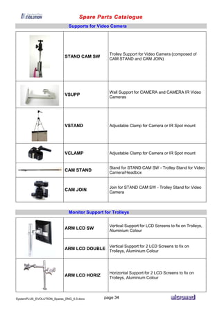 Spare Parts Catalogue
SystemPLUS_EVOLUTION_Spares_ENG_6.0.docx page 34
Supports for Video Camera
STAND CAM SW
Trolley Support for Video Camera (composed of
CAM STAND and CAM JOIN)
VSUPP
Wall Support for CAMERA and CAMERA IR Video
Cameras
VSTAND Adjustable Clamp for Camera or IR Spot mount
VCLAMP Adjustable Clamp for Camera or IR Spot mount
CAM STAND
Stand for STAND CAM SW - Trolley Stand for Video
Camera/Headbox
CAM JOIN
Join for STAND CAM SW - Trolley Stand for Video
Camera
Monitor Support for Trolleys
ARM LCD SW
Vertical Support for LCD Screens to fix on Trolleys,
Aluminium Colour
ARM LCD DOUBLE
Vertical Support for 2 LCD Screens to fix on
Trolleys, Aluminium Colour
ARM LCD HORIZ
Horizontal Support for 2 LCD Screens to fix on
Trolleys, Aluminium Colour
 