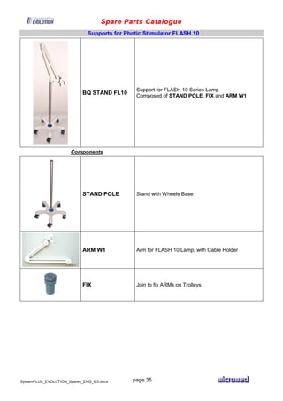 Spare Parts Catalogue
SystemPLUS_EVOLUTION_Spares_ENG_6.0.docx page 35
Supports for Photic Stimulator FLASH 10
BQ STAND FL10
Support for FLASH 10 Series Lamp
Composed of STAND POLE, FIX and ARM W1
Components
STAND POLE Stand with Wheels Base
ARM W1 Arm for FLASH 10 Lamp, with Cable Holder
FIX Join to fix ARMs on Trolleys
 