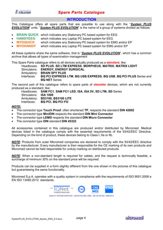 Spare Parts Catalogue
SystemPLUS_EVOLUTION_Spares_ENG_6.0.docx page 4
INTRODUCTION
This Catalogue offers all spare parts that are possible to use along with the “System PLUS
EVOLUTION” units. “System PLUS EVOLUTION” is the name of a group of systems divided as follows:
 BRAIN QUICK which indicates any Stationary PC based system for EEG
 HANDYEEG which indicates any Laptop PC based system for EEG
 MYOQUICK which indicates any Stationary PC based system for EMG and/or EP
 MYOHANDY which indicates any Laptop PC based system for EMG and/or EP
All these systems share the same software, that is “System PLUS EVOLUTION”, which has a common
archive that allows all types of examination management
This Spare Parts catalogue refers to all devices actually produced as a standard, like:
Headboxes: SD PLUS, SD LTM EXPRESS, MORPHEUS, MATRIX, MATRIX LIGHT
Stimulators: ENERGY, ENERGY SURGICAL
Ambulatory: BRAIN SPY PLUS
Interfaces: BQ PCI EXPRESS LTM, BQ USB EXPRESS, BQ USB, BQ PCI PLUS Series and
BQ NET Series
The second part of this catalogue refers to spare parts of obsolete devices, which are not currently
produced as a standard, like:
Headboxes: SAM FC1, SAM FC1 LED, ISA, ISA 5V, SD LTM, SD Series
Stimulators: ISA 1000
Ambulatory: BS3100, BS3100 LITE
Interfaces: BQ PCI, BQ PCI FO
NOTE:
 The connector type Touch Proof, often shortened TP, respects the standard DIN 42802
 The connector type MiniDIN respects the standard DIN Mini Connector
 The connector type LEMO respects the standard DIN Micro Connector
 The connector type DIN standard DIN 45322
All accessories contained in this catalogue are produced and/or distributed by Micromed. Medical
devices listed in the catalogue comply with the essential requirements of the 93/42/EEC Directive.
Depending on the kind of product, these devices belong to Class I, IIa or IIb.
NOTE: Products from outer Micromed companies are declared to comply with the 93/42/EEC directive
by the manufacturer. Every manufacturer is then responsible for the CE marking of its own products and
Micromed cannot be held responsible for unduly marking on distributed products.
NOTE: When a non-standard length is required for cables, and the request is technically feasible, a
surcharge of minimum 30% on the standard price will be required.
Products can be supplied in a form slightly different from the one shown in the pictures of this catalogue
but guaranteeing the same functionality.
Micromed S.p.A. operates with a quality system in compliance with the requirements of ISO 9001:2008 e
EN ISO 13485:2012 standards.
QUALITY SYSTEM CERTIFIED - UNI EN ISO 9001:2008 - UNI CEI EN ISO 13485:2012
 