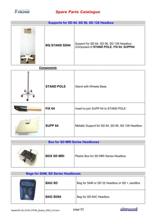 Spare Parts Catalogue
SystemPLUS_EVOLUTION_Spares_ENG_6.0.docx page 53
Supports for SD 64, SD 96, SD 128 Headbox
BQ STAND SD64
Support for SD 64, SD 96, SD 128 Headbox
Composed of STAND POLE, FIX 64, SUPP64
Components
STAND POLE Stand with Wheels Base
FIX 64 Insert to join SUPP 64 to STAND POLE
SUPP 64 Metallic Support for SD 64, SD 96, SD 128 Headbox
Box for SD MRI Series Headboxes
BOX SD MRI Plastic Box for SD MRI Series Headbox
Bags for SAM, SD Series Headboxes
BAG SD Bag for SAM or SD 32 Headbox or SD + JackBox
BAG SD64 Bag for SD 64C Headbox
 