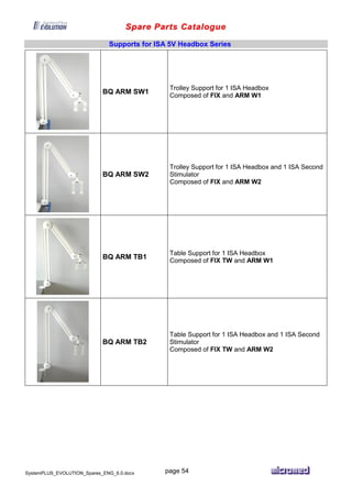 Spare Parts Catalogue
SystemPLUS_EVOLUTION_Spares_ENG_6.0.docx page 54
Supports for ISA 5V Headbox Series
BQ ARM SW1
Trolley Support for 1 ISA Headbox
Composed of FIX and ARM W1
BQ ARM SW2
Trolley Support for 1 ISA Headbox and 1 ISA Second
Stimulator
Composed of FIX and ARM W2
BQ ARM TB1
Table Support for 1 ISA Headbox
Composed of FIX TW and ARM W1
BQ ARM TB2
Table Support for 1 ISA Headbox and 1 ISA Second
Stimulator
Composed of FIX TW and ARM W2
 