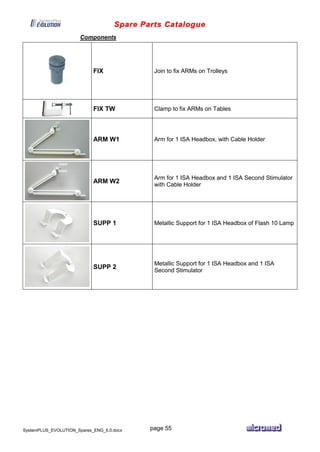 Spare Parts Catalogue
SystemPLUS_EVOLUTION_Spares_ENG_6.0.docx page 55
Components
FIX Join to fix ARMs on Trolleys
FIX TW Clamp to fix ARMs on Tables
ARM W1 Arm for 1 ISA Headbox, with Cable Holder
ARM W2
Arm for 1 ISA Headbox and 1 ISA Second Stimulator
with Cable Holder
SUPP 1 Metallic Support for 1 ISA Headbox of Flash 10 Lamp
SUPP 2
Metallic Support for 1 ISA Headbox and 1 ISA
Second Stimulator
 