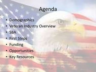 Agenda
• Demographics
• Veteran Industry Overview
• SBA
• First Steps
• Funding
• Opportunities
• Key Resources
Source: sba.gov
 