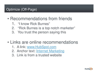 Optimize (Off-Page)

• Recommendations from friends
   1. “I know Rick Burnes”
   2. “Rick Burnes is a top notch marketer”
   3. You trust the person saying this


• Links are online recommendations
   1. A link: www.HubSpot.com
   2. Anchor text: Internet Marketing
   3. Link is from a trusted website
 