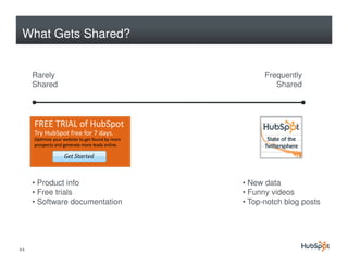 What Gets Shared?


     Rarely                           Frequently
     Shared                              Shared




     • Product info             • New data
     • Free trials              • Funny videos
     • Software documentation   • Top-notch blog posts




44
 