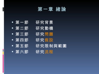 第一章 緒論 第一節  研究背景 第二節  研究動機 第三節  研究 問題 第四節  研究 假設 第五節  研究限制與範圍 第六節  研究 流程 