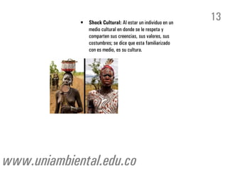 •   Shock Cultural: Al estar un individuo en un
                                                               13
                 medio cultural en donde se le respeta y
                 comparten sus creencias, sus valores, sus
                 costumbres; se dice que esta familiarizado
                 con es medio, es su cultura.




www.uniambiental.edu.co
 