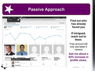 217/13/2014
Passive Approach
Find out who
has already
found you
If intrigued,
reach out to
them.
Free account will
only see latest 5
viewers
Ask me about a
63% increase in
profile views.
 