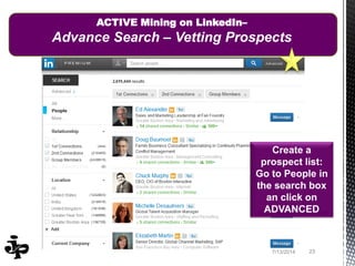 237/13/2014 23
ACTIVE Mining on LinkedIn–
Advance Search – Vetting Prospects
Create a
prospect list:
Go to People in
the search box
an click on
ADVANCED
 