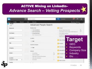 247/13/2014
ACTIVE Mining on LinkedIn–
Advance Search – Vetting Prospects
Target
 GEO
 Keywords
 Company Size
 Industry
 Etc……
 