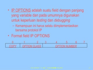 IP OPTIONS  adalah suatu field dengan panjang yang variable dan pada umumnya digunakan untuk keperluan  testing  dan  debugging Kemampuan ini harus selalu diimplementasikan bersama protokol IP Format field IP OPTIONS COPY OPTION CLASS OPTION NUMBER 0 1 2 3 4 7 6 5 