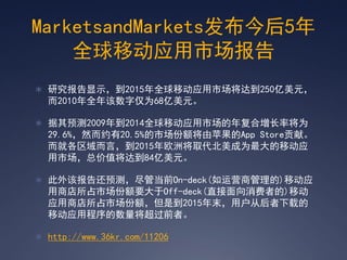MarketsandMarkets发布今后5年
    全球移动应用市场报告
 研究报告显示，到2015年全球移动应用市场将达到250亿美元，
  而2010年全年该数字仅为68亿美元。

 据其预测2009年到2014全球移动应用市场的年复合增长率将为
  29.6%，然而约有20.5%的市场份额将由苹果的App Store贡献。
  而就各区域而言，到2015年欧洲将取代北美成为最大的移动应
  用市场，总价值将达到84亿美元。

 此外该报告还预测，尽管当前On-deck(如运营商管理的)移动应
  用商店所占市场份额要大于Off-deck(直接面向消费者的)移动
  应用商店所占市场份额，但是到2015年末，用户从后者下载的
  移动应用程序的数量将超过前者。

 http://www.36kr.com/11206
 