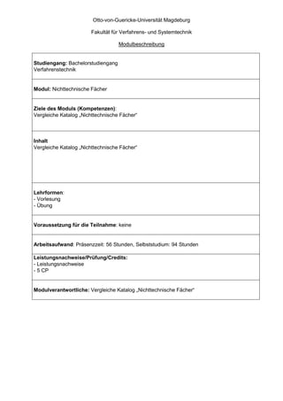 Otto-von-Guericke-Universität Magdeburg

                       Fakultät für Verfahrens- und Systemtechnik

                                   Modulbeschreibung


Studiengang: Bachelorstudiengang
Verfahrenstechnik


Modul: Nichttechnische Fächer


Ziele des Moduls (Kompetenzen):
Vergleiche Katalog „Nichttechnische Fächer“



Inhalt
Vergleiche Katalog „Nichttechnische Fächer“




Lehrformen:
- Vorlesung
- Übung


Voraussetzung für die Teilnahme: keine


Arbeitsaufwand: Präsenzzeit: 56 Stunden, Selbststudium: 94 Stunden

Leistungsnachweise/Prüfung/Credits:
- Leistungsnachweise
- 5 CP


Modulverantwortliche: Vergleiche Katalog „Nichttechnische Fächer“
 
