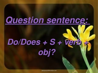 Question sentence: 

    Do/Does + S + verb + 
           obj? 
               
 