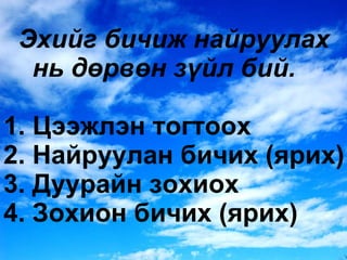 Эхийг бичиж найруулах    нь дөрвөн зүйл бий. 1. Цээжлэн тогтоох 2. Найруулан бичих  ( ярих ) 3. Дуурайн зохиох 4. Зохион бичих  ( ярих )   