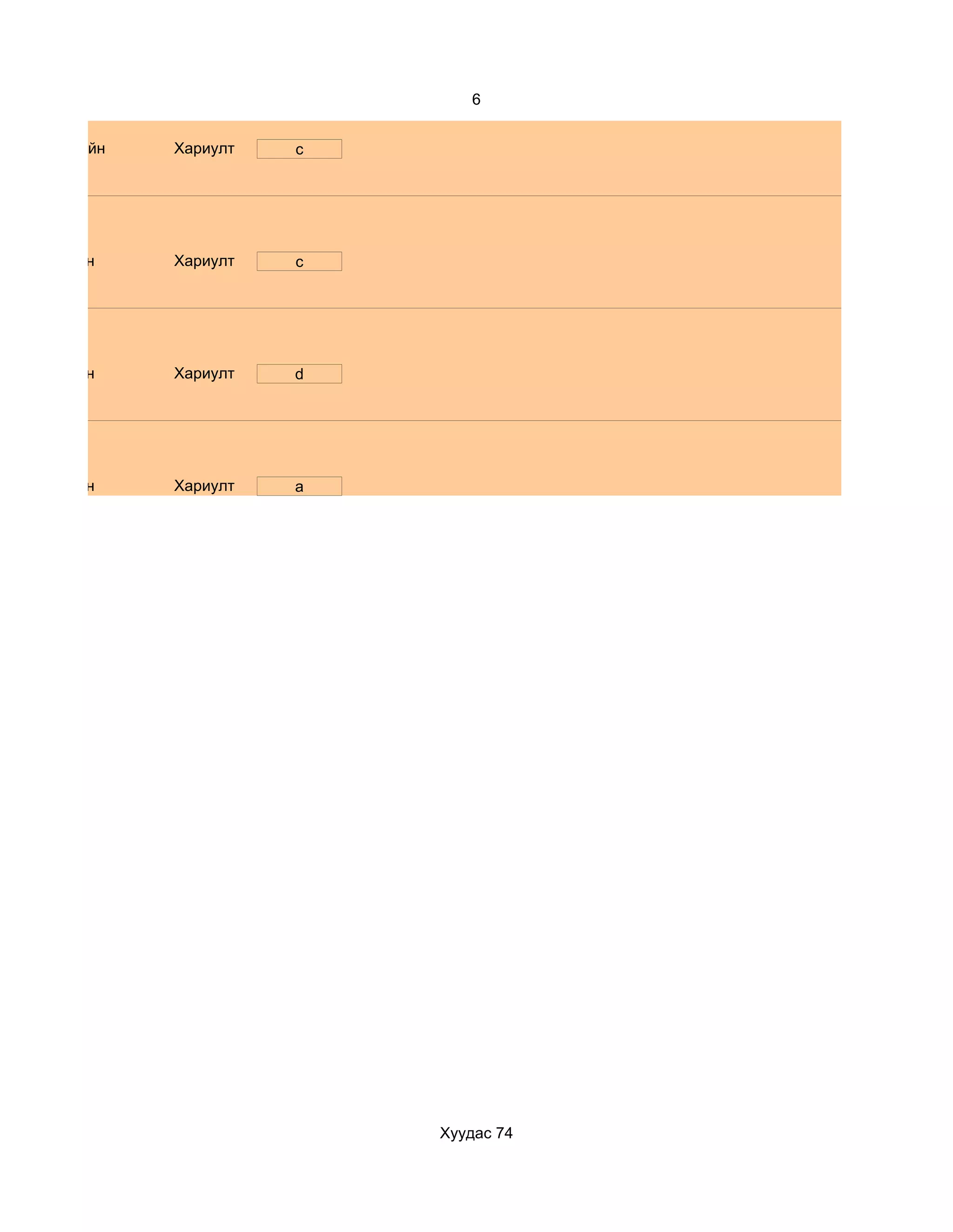 6


   Маш сайн   Хариулт   c




d. Маш сайн   Хариулт   c




d. Маш сайн   Хариулт   d




d. Маш сайн   Хариулт   a




                            Хуудас 74
 
