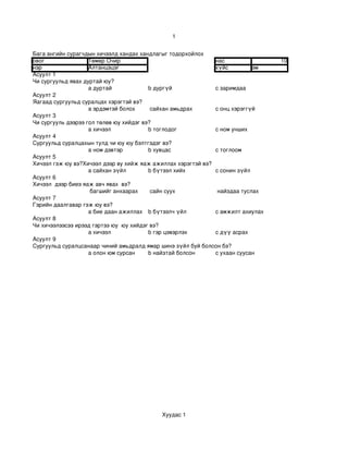 1


Бага ангийн сурагчдын хичээлд хандах хандлагыг тодорхойлох 
овог                Төмөр Очир                                нас                10
нэр                 Алтанцэцэг                                хүйс         эм
Асуулт 1 
Чи сургуульд явах дуртай юу?
                    a дуртай             b дургүй             c заримдаа
Асуулт 2 
Яагаад сургуульд суралцах хэрэгтэй вэ?
                    a эрдэмтэй болох      сайхан амьдрах      c онц хэрэггүй
Асуулт 3 
Чи сургууль дээрээ гол төлөв юу хийдэг вэ?
                    a хичээл             b тоглодог           c ном унших
Асуулт 4 
Сургуульд суралцахын тулд чи юу юу бэлтгэдэг вэ?
                    a ном дэвтэр         b хувцас             c тоглоом
Асуулт 5
Хичээл гэж юу вэ?Хичээл дээр ву хийж яаж ажиллах хэрэгтэй вэ?
                    a сайхан зүйл        b бүтээл хийх        c сонин зүйл
Асуулт 6
Хичээл  дээр биеэ яаж авч явах  вэ?
                     багшийг анхаарах     сайн суух            найздаа туслах
Асуулт 7 
Гэрийн даалгавар гэж юу вэ?
                    a бие даан ажиллах b бүтээлч үйл          c амжилт ахиулах
Асуулт 8 
Чи хичээлээсээ ирээд гэртээ юу  юу хийдэг вэ?
                    a хичээл             b гэр цэвэрлэх       c дүү асрах
Асуулт 9
Сургуульд суралцсанаар чиний амьдралд ямар шинэ зүйл буй болсон бэ?
                    a олон юм сурсан     b найзтай болсон     c ухаан суусан




                                           Хуудас 1
 