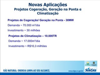 Novas Aplicações Projetos Cogeração, Geração na Ponta e Climatização Projetos de Cogeração/ Geração na Ponta - 30MW Demanda ~ 70.000 m³/dia Investimento ~ 30 milhões Projetos de Climatização – 10.000TR Demanda ~ 17.000m³/dia Investimento ~ R$10,3 milhões 