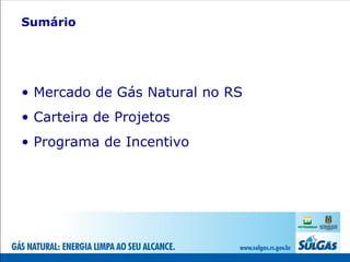 Sumário Mercado de Gás Natural no RS Carteira de Projetos  Programa de Incentivo 