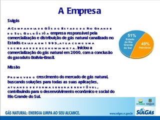 A Empresa Sulgás A Companhia de Gás do Estado do Rio Grande do Sul (Sulgás) é a  empresa responsável pela comercialização e distribuição de gás natural canalizado no Estado . Criada em 1993, atua como uma sociedade de economia mista.  Iniciou a comercialização do gás natural em 2000, com a conclusão do gasoduto Bolívia-Brasil . Missão Promover o  crescimento do mercado de gás natural, buscando soluções para todas as suas aplicações , atuando de forma segura e rentável,  contribuindo para o desenvolvimento econômico e social do Rio Grande do Sul.   