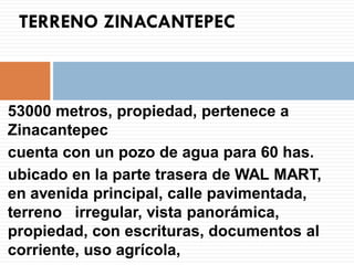 TERRENO ZINACANTEPEC



53000 metros, propiedad, pertenece a
Zinacantepec
cuenta con un pozo de agua para 60 has.
ubicado en la parte trasera de WAL MART,
en avenida principal, calle pavimentada,
terreno irregular, vista panorámica,
propiedad, con escrituras, documentos al
corriente, uso agrícola,
 