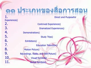 ๑๑ ประเภทของสื่อการสอน 1.ประสบการณ์ตรงที่มีความหมาย (Direct and Purposeful Experiences) 2.ประสบการณ์จำลอง (Contrived Experiences) 3.ประสบการณ์นาฏการ (Dramatized Experiences) 4.การสาธิต (Demonstrations) 5.การศึกษานอกสถานที่ (Study Trips) 6.นิทรรศการ (Exhibitions) 7.โทรทัศน์การศึกษา (Education Television) 8.ภาพยนตร์ (Motion Picture) 9.ภาพนิ่ง (Recordings. Radio. And Still Picture) 10.ทัศนสัญลักณ์(Visual Symbols) 11.วจนสัญลักณ์(Verbal Symbols) 