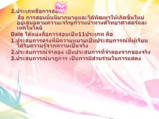 2.ประเภทสื่อการสอน    สื่อ การสอนนั้นมีมากมายและได้พัฒนาให้เกิดขึ้นใหม่อยู่เสมอตามความเจริญก้าวหน้าทางด้วิทยาศาสตร์และเทคโนโลยีDale ได้แบ่งสื่อการสอนเป็น11ประเภท คือ1.ประสบการตรงที่มีความหมายเป็นประสบการณ์ที่ผู้เรียนได้รับความรู้จากความเป็นจริง 2.ประสบการณ์จำลอง เป็นประสบการที่จำลองจากของจริง3.ประสบการณ์นาฎการ เป็นการมีส่วนร่วมในการแสดง