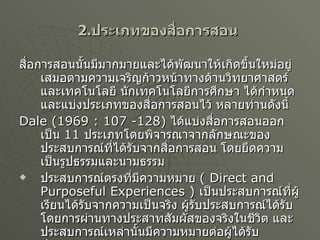 2. ประเภทของสื่อการสอน   สื่อการสอนนั้นมีมากมายและได้พัฒนาให้เกิดขึ้นใหม่อยู่เสมอตามความเจริญก้าวหน้าทางด้านวิทยาศาสตร์และเทคโนโลยี นักเทคโนโลยีการศึกษา ได้กำหนดและแบ่งประเภทของสื่อการสอนไว้ หลายท่านดังนี้ Dale (1969 : 107 -128)  ได้แบ่งสื่อการสอนออกเป็น  11  ประเภทโดยพิจารณาจากลักษณะของประสบการณ์ที่ได้รับจากสื่อการสอน โดยยึดความเป็นรูปธรรมและนามธรรม ประสบการณ์ตรงที่มีความหมาย   ( Direct and Purposeful Experiences )  เป็นประสบการณ์ที่ผู้เรียนได้รับจากความเป็นจริง ผู้รับประสบการณ์ได้รับโดยการผ่านทางประสาทสัมผัสของจริงในชีวิต และประสบการณ์เหล่านั้นมีความหมายต่อผู้ได้รับประสบการณ์ 