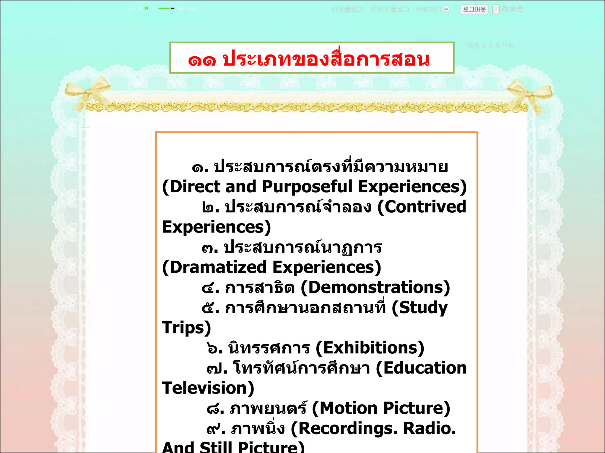 ๑๑ ประเภทของสื่อการสอน  ๑ .  ประสบการณ์ตรงที่มีความหมาย  ( Direct and Purposeful Experiences)  ๒ .  ประสบการณ์จำลอง  ( Contrived Experiences)  ๓ .  ประสบการณ์นาฏการ  ( Dramatized Experiences)  ๔ .  การสาธิต  ( Demonstrations)  ๕ .  การศึกษานอกสถานที่  ( Study Trips) ๖ .  นิทรรศการ  ( Exhibitions)  ๗ .  โทรทัศน์การศึกษา  ( Education Television)  ๘ .  ภาพยนตร์  ( Motion Picture)  ๙ .  ภาพนิ่ง  ( Recordings. Radio. And Still Picture)  ๑๐ .  ทัศนสัญลักณ์  ( Visual Symbols)  ๑๑ .  วจนสัญลักณ์  ( Verbal Symbols)  