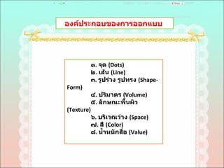 องค์ประกอบของการออกแบบ  ๑ .   จุด  ( Dots)  ๒ .  เส้น  ( Line)  ๓ .  รูปร่าง รูปทรง  ( Shape-Form)  ๔ .  ปริมาตร  ( Volume)  ๕ .  ลักษณะพื้นผิว  ( Texture)  ๖ .  บริเวณว่าง  ( Space)  ๗ .  สี  ( Color)  ๘ .  นํ้าหนักสื่อ  ( Value)  
