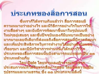 ประเภทของสื่อการสอน ซึ่งเราก็ได้ทราบกันแล้วว่า สื่อการสอนมีความหมายว่าอย่างไร และมีวิธีการอย่างไรในการใช้งานสื่อต่างๆ และยังมีการพัฒนาขึ้นมาในรูปแบบที่ใหม่ๆอยู่เสมอๆ และซึ่งปัจจุบันเองก็มีบทบาทเป็นอย่างมากมายเลยทีเดียวที่ส่งผลถึงสื่อการสอนที่มีการพัฒนาและเพิ่มประสิทธิภาพในการทำงานได้อย่างดีเยี่ยมอยู่เรื่อยๆมา และมีนักวิชาการท่านหนึ่งได้กล่าวไว้ว่า ประเภทของสื่อการสอนนั้นยังสามารถแบ่งออกเป็น ๑๑ ประเภทด้วยกัน              โดย Dale โดยท่านเองพิจารณามาจากประสบการณ์ที่ได้รับจากสื่อการสอน โดยยึดความเป็นรูปธรรมและนามธรรม ซึ่ง ๑๑ ประเภทจะมีดังนี้ 