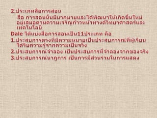 2.ประเภทสื่อการสอน    สื่อ การสอนนั้นมีมากมายและได้พัฒนาให้เกิดขึ้นใหม่อยู่เสมอตามความเจริญก้าวหน้าทางด้วิทยาศาสตร์และเทคโนโลยีDale ได้แบ่งสื่อการสอนเป็น11ประเภท คือ1.ประสบการตรงที่มีความหมายเป็นประสบการณ์ที่ผู้เรียนได้รับความรู้จากความเป็นจริง 2.ประสบการณ์จำลอง เป็นประสบการที่จำลองจากของจริง3.ประสบการณ์นาฎการ เป็นการมีส่วนร่วมในการแสดง