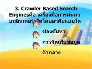 3. Crawler Based Search Engines คือ เครื่องมือการค้นหาบนอินเตอร์เน็ตโดยอาศัยแบบใด   ช่องค้นหา การจัดเก็บข้อมูล ตัวกลาง 