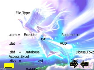 File Type -




.com = Execute         Readme.txt
                 txt
.dat =                 VCD

.dbf = Database                Dbase,Foxp
Access,Excel
.divx =       avi            DivX
 