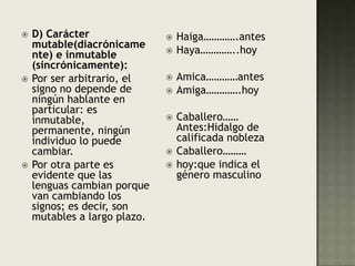 D) Carácter mutable(diacrónicamente) e inmutable (sincrónicamente):Por ser arbitrario, el signo no depende de ningún hablante en particular: es inmutable, permanente, ningún individuo lo puede cambiar. Por otra parte es evidente que las lenguas cambian porque van cambiando los signos; es decir, son mutables a largo plazo.Haiga………….antesHaya…………..hoyAmica…………antesAmiga………….hoyCaballero…… Antes:Hidalgo de calificada noblezaCaballero………hoy:que indica el género masculino