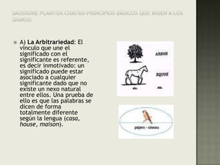 Saussure plantea cuatro principios básicos que rigen a los signos:A) La Arbitrariedad: El vínculo que une el significado con el significante es referente, es decir inmotivado: un significado puede estar asociado a cualquier significante dado que no existe un nexo natural entre ellos. Una prueba de ello es que las palabras se dicen de forma totalmente diferente según la lengua (casa, house, maison).