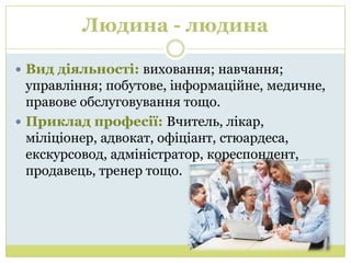 Людина - людина

 Вид діяльності: виховання; навчання;
  управління; побутове, інформаційне, медичне,
  правове обслуговування тощо.
 Приклад професії: Вчитель, лікар,
  міліціонер, адвокат, офіціант, стюардеса,
  екскурсовод, адміністратор, кореспондент,
  продавець, тренер тощо.
 