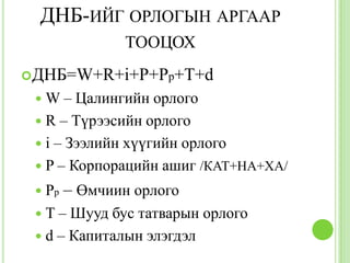 ДНБ-ИЙГ ОРЛОГЫН АРГААР
                ТООЦОХ
ДНБ=W+R+i+P+Pp+T+d
 W–    Цалингийн орлого
  R – Түрээсийн орлого
  i – Зээлийн хүүгийн орлого
  P – Корпорацийн ашиг /КАТ+НА+ХА/
  Pp   – Өмчиин орлого
 T–   Шууд бус татварын орлого
  d – Капиталын элэгдэл
 
