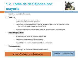 1.2. Toma de decisiones por
mayoría
    Cuando no es posible el consenso.

•   Votación.

     4     –    No permite elegir más de una opción.

           –    Cuando una alternativa gana por poco, se corre el riesgo de que un gran número de
                   personas no se identifiquen con la decisión.

           –    No proporciona información sobre el grado de oposición de la opción elegida.

•   Votación aprobatoria.

           –    Se pueden votar todas las opciones aceptables.

           –    Posibilidad de empate en grupos pequeños

           –    Imposibilidad en cuanto a la intensidad de la preferencia

•   Suma de rangos

           –    Se le asigna un número de orden a las alternativas.

          Unidad 7:Técnicas de toma de decisiones                           Antonio J. Guirao Silvente
 