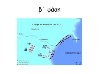 ► Α&ηναίος οπλίτης, 490 π.Χ. Ο συγκεκριμένος πολεμιστής
αντιπροσωπεύει ενδυματολογικά τον μέσο όρο των Αθηναίων
οπλιτών της κατώτερης οικονομικής τάξης που πολέμησαν στον
Μαραθώνα. Φέρει λοψιοψορο κράνος αττικού τύπου, ελαφρύ
λινοθώρακα με δερμάτινες πτέρυγες, ψηλές ορειχάλκινες
περικνημίδες και ασπίδα τύπου «όπλον», στην οθόνη της οποίας
έχει προσαρμοστεί μάλλινο παραπέτασμα για την προστασία των
κάτω άκρων από τα περσικά βέλη. Τα επιθετικά του όπλα είναι το
μακρύ νυκτικό δόρυ και το νυκτικό-θλαστικό ξίφος (δεν
εικονίζεται εδώ) (ενδυματολογική έρευνα-εικονογράφηση του
Χρήστου Γιαννόπουλου για τις Εκδόσεις ΠΕΡΙΣΚΟΠΙΟ).
◄ Πέρσης φρουρός. Ο οπλισμός
του αποτελείται από ακόντιο και
τόξο (ανάγλυφο από το ανάκτορο
της Περσέπολης).
 